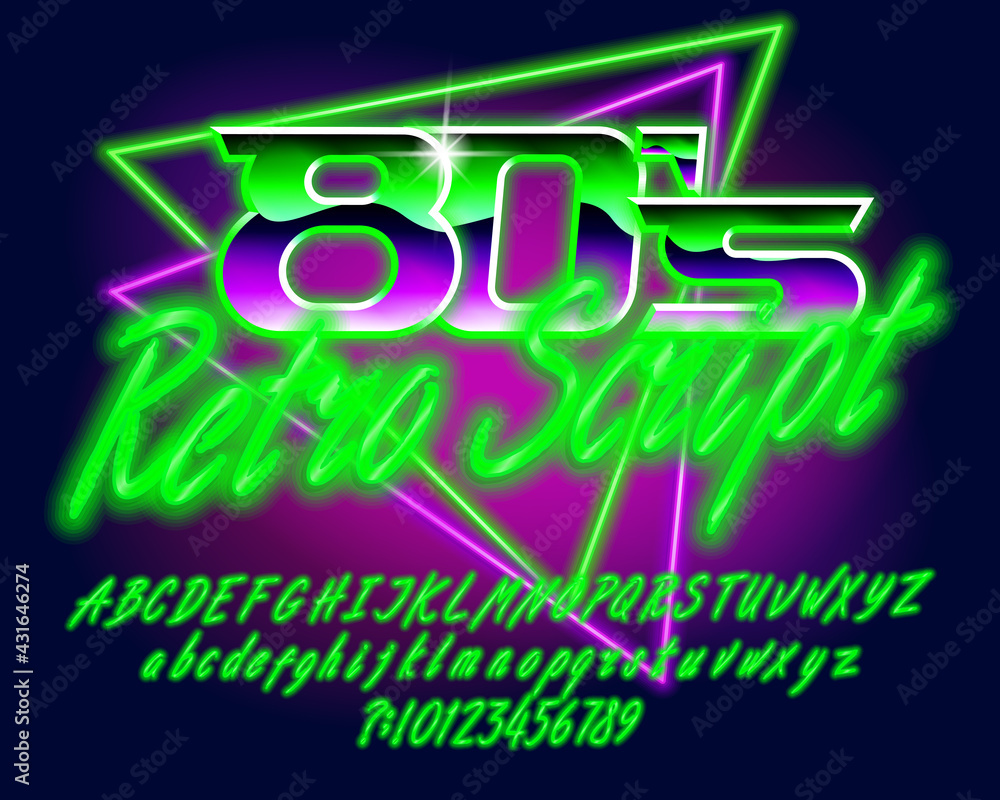 Fototapete 80s retro script alphabet font. hand drawing glowing letters, numbers and punctuations. uppercase an