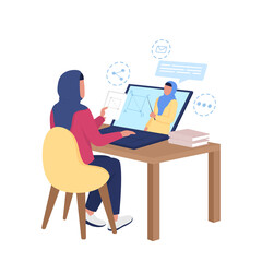 Arabian girl watching remote class on math flat color vector faceless character. Internet course for distance learning isolated cartoon illustration for web graphic design and animation