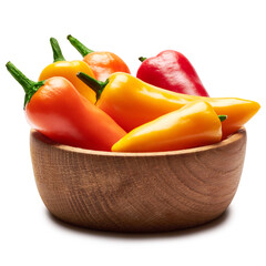 Wooden bowl full of Chili or sweet peppers isolated on white background