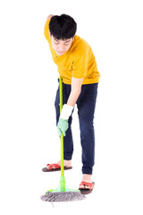 Asian teen boy cleaning floor with mop. Young child doing house chores isolated on white background.