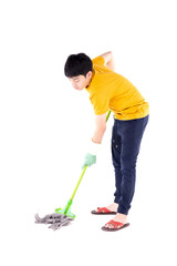 Asian teen boy cleaning floor with mop. Young child doing house chores isolated on white background.