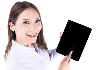 Portrait of happy young asian beautiful businesswoman smiling with tablet computer and looking to camera. studio shot, isolated on white background.