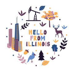Illustrated map of the state of Illinois in United States with cities and landmarks. Editable vector illustration
