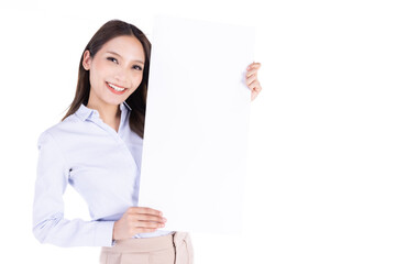 Confident businesswoman show with white board isolated on white background