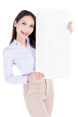Confident businesswoman show with white board isolated on white background