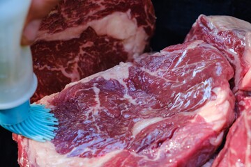 Raw meat beef steak grill,  lawn party.