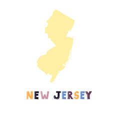 New Jersey map isolated. USA collection. Map of New Jersey - yellow silhouette. Doodling style lettering on white