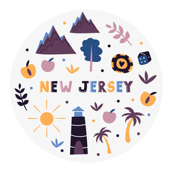 Obraz premium USA collection. Vector illustration of New Jersey. State Symbols - round shape