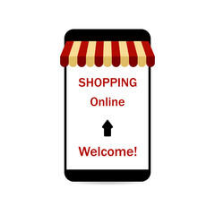 Shop online in the Smartphone mobile application. Marketing concept, business, place an order. Vector illustration in flat modern design.