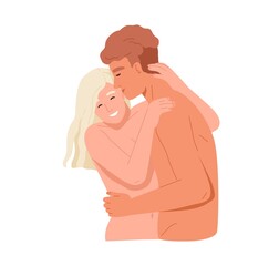 Naked love couple of man and woman. Lover hugging and kissing happy girlfriend. Romantic sexual partners. Intimate relationship. Colored flat graphic vector illustration isolated on white background