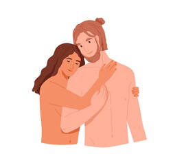 Romantic love couple of naked man and woman. Sexual relationship between young lovers. Happy girlfriend hugging her boyfriend's nude body. Colored flat vector illustration isolated on white background