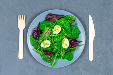 Quail eggs boiled on a lettuce leaf with microgreen sprouts with a wooden fork and spoon on a gray background. The concept of proper nutrition. Vegan food. Healthy food concept. PP. View from above