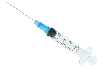 Sterile medical syringe 2 ml with a blue needle. Isolated on a white background. Clipart. 3d rendering