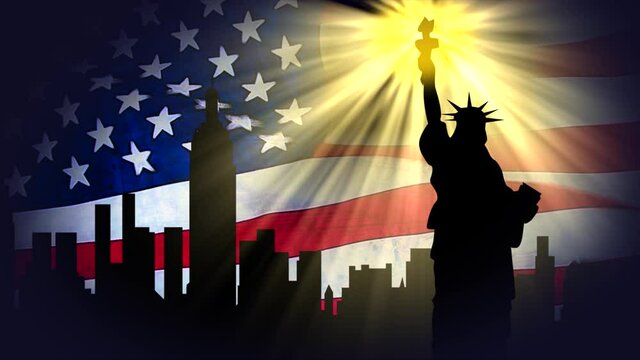 Powerful, patriotic, comic book style animated motion graphic celebrating the 4th of July Idependence Day, with Statue of Liberty and Manahattan silhouette, and fluttering Star Spangled Banner