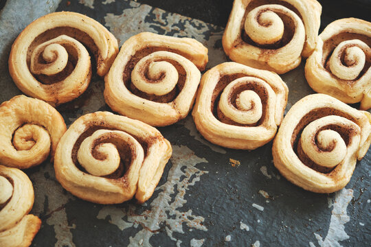 Cinnamon rolls, homemade cakes straight from oven.