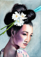 Watercolor portrait of an asian girl in a traditional japanese kimono and with white flowers in her hair