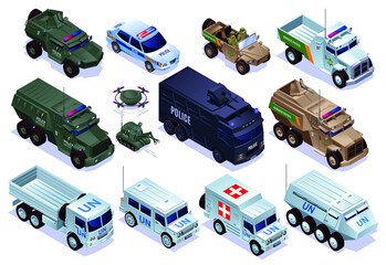 Special military transport of Police, Border Patrol and Peacekeepers Set collection, special equipment with isometric icons on isolated background