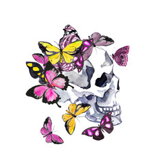 Pink butterflies on human skull in profile. Watercolor in gothic, boho style
