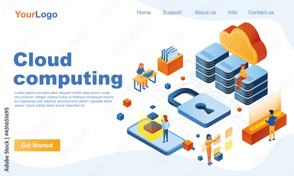 Poster cloud computing isometric landing page template. cloud technologies 3d concept. teamwork on project 