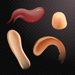 Set of realistic cosmetic cream smears. Skincare product of different body colors. Lotion smooth smear isolated vector texture on transparent background.