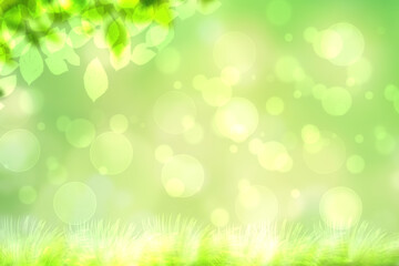 Fototapeta na wymiar Hello spring background. Abstract bright spring or summer landscape texture with natural green yellow bokeh lights sun, flowers and bright sunny rays. Spring or summer backdrop with copy space.