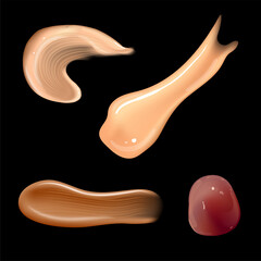 Set of realistic cosmetic cream smears. Skin toner of different body colors. Lotion smooth smear isolated vector texture on black background.