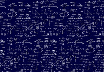 Physics, electronic engineering, mathematics equation, scheme and calculations, endless hand writing. Vector blueprint. Technology seamless pattern.