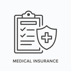 Medical insurance flat line icon. Vector outline illustration of blank and shield. Black thin linear pictogram for healthcare certificate