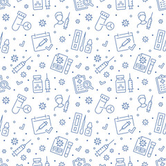 Covid vaccine blue seamless pattern. Vector background included line icons as blood antibody report, medical test, bottle, rapid kit, lab tube, pcr. Editable Stroke