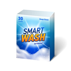 Realistic mock up of container for detergent with designed etiquette. Detergent package.