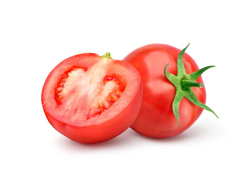 Fresh tomato with cut in half isolated on white background. Clipping path.