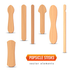 Set of realistic popsicle stircks. Ice lolly sticks, vector illustration, summer season.