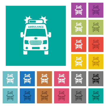 Flashing ambulance car front view square flat multi colored icons