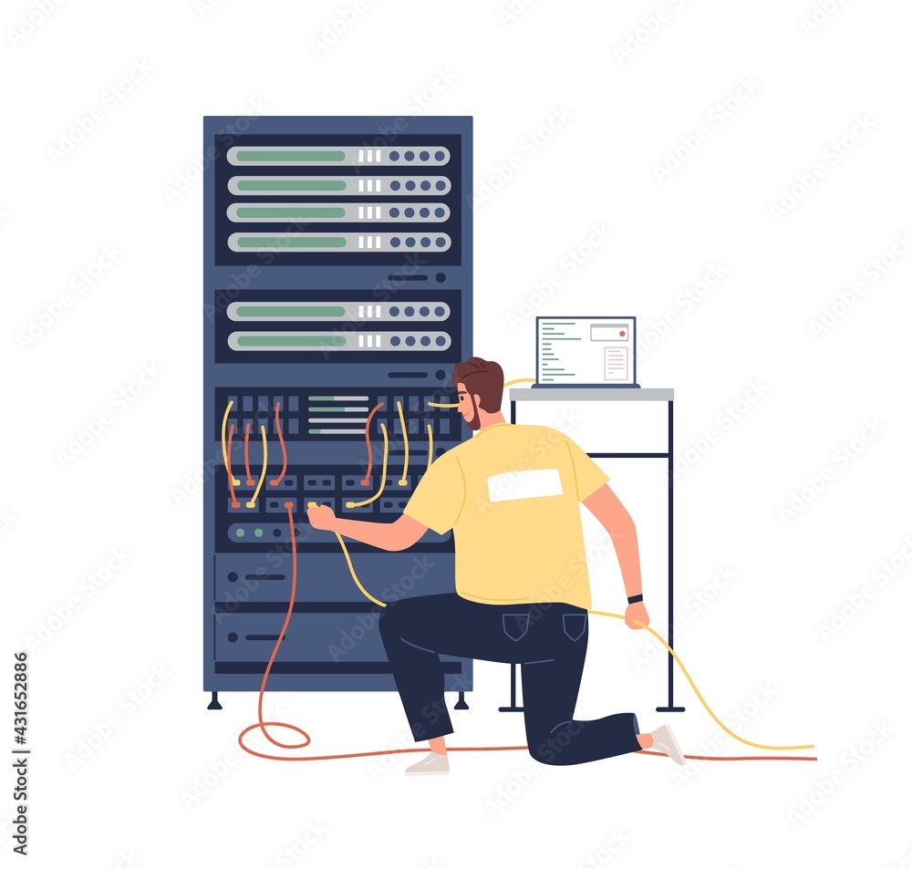 Aufkleber Sysadmin adjusting network and internet connection to computer. System administrator maintaining and repairing server. Colored flat vector illustration of repairman and switchboard isolated on white