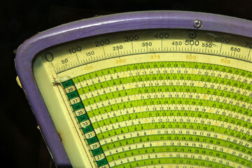 The detail of the scale of the old retro metal mechanical weighting machine. 