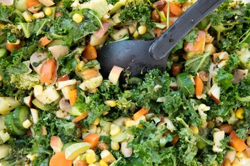 black plastic spoon in mixed salad close up