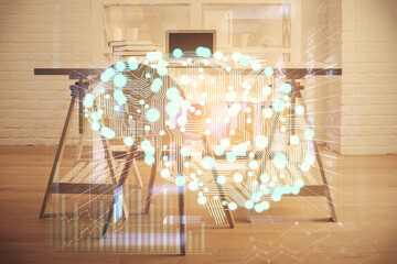 Fototapeta na wymiar Multi exposure of brain drawing and office interior background. Concept of data technology.