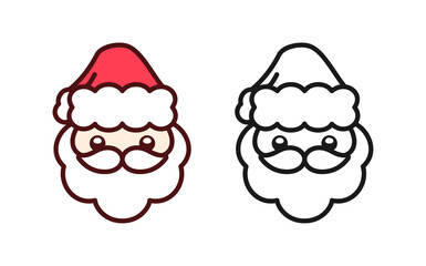 Santa Claus with red hat and white beard cartoon icon set. Simple flat vector clip art illustration design with outline. Christmas holiday season sign symbol. Coloring page activity worksheet for kids