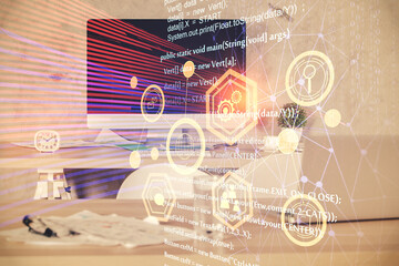 Multi exposure of data theme drawing and office interior background. Concept of technology.