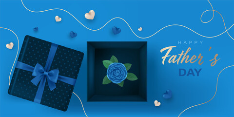 Happy Father’s Day banner with open gift boxes and rose inside, and hearts on dark blue and copper colors. Vector illustration in 3d render realistic style