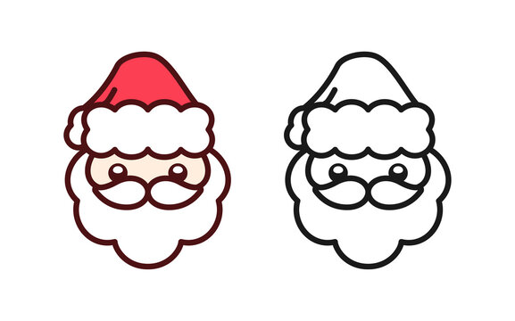 Santa Claus with red hat and white beard cartoon icon set. Simple flat vector clip art illustration design with outline. Christmas holiday season sign symbol. Coloring page activity worksheet for kids