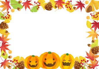 Naklejka na ściany i meble 秋の植物やかぼちゃなどのハロウィンイメージのバクターイラストフレーム背景