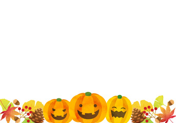 秋の植物やかぼちゃなどのハロウィンイメージのバクターイラストフレーム背景