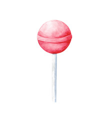Watercolor pink lollipop illustration isolated on white background. Round candy clip art. Stick lolly design element.