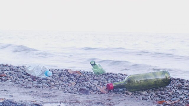 Young Man with Plastic Bag Collecting Bottles at the Sunny Sea Shore