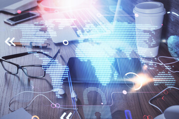 Double exposure of map drawing and cell phone background. Concept of data globalization