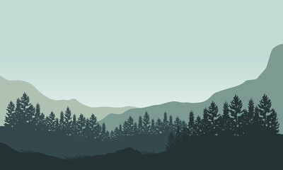 Mountain view with dramatic forest from the edge of the city on sunrise. Vector illustration