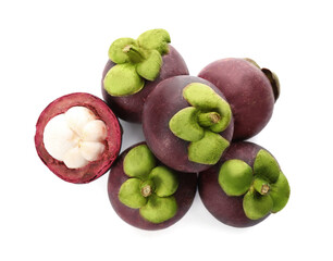 Fresh mangosteen fruits on white background, top view