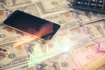 Double exposure of forex graph drawing over us dollars bill background. Concept of financial markets.