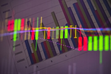 Charts of stock market instruments with various type of indicators and volume analysis for professional technical analysis on the monitor of a computer. Fundamental and technical analysis concept.	